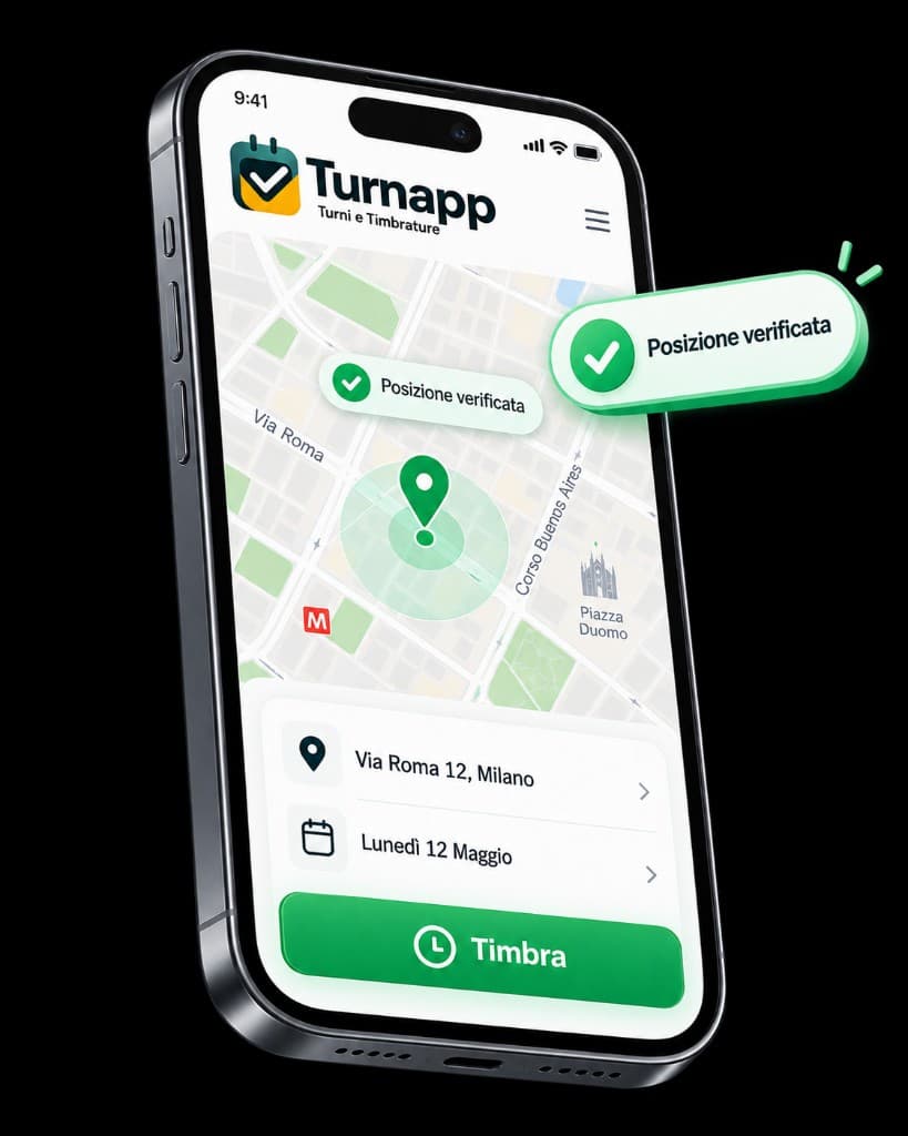 iPhone Turnapp con mappa, posizione verificata in Via Roma 12 a Milano e pulsante Timbra.