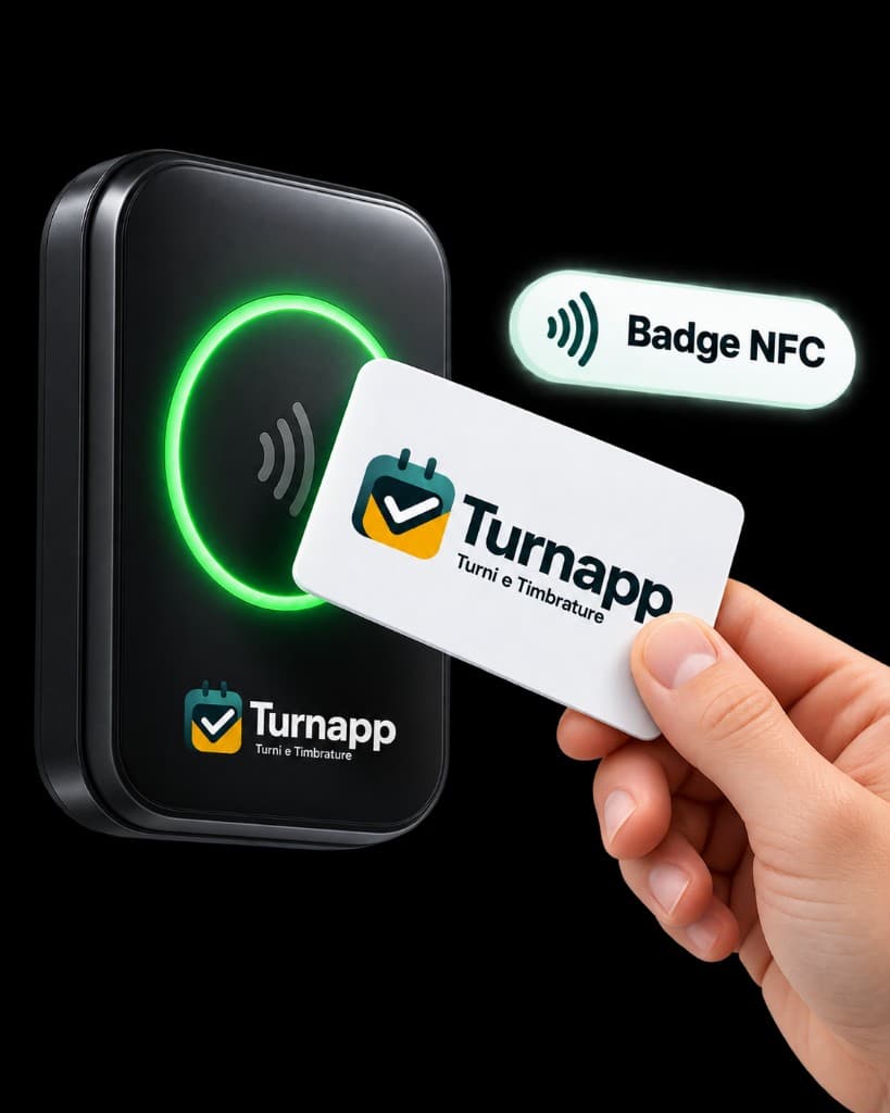 Lettore badge NFC Turnapp con anello verde e tessera Turnapp avvicinata al lettore.