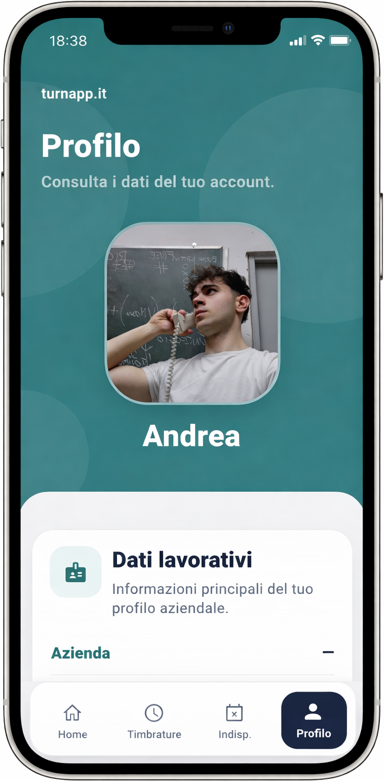 Schermata app Turnapp con profilo dipendente