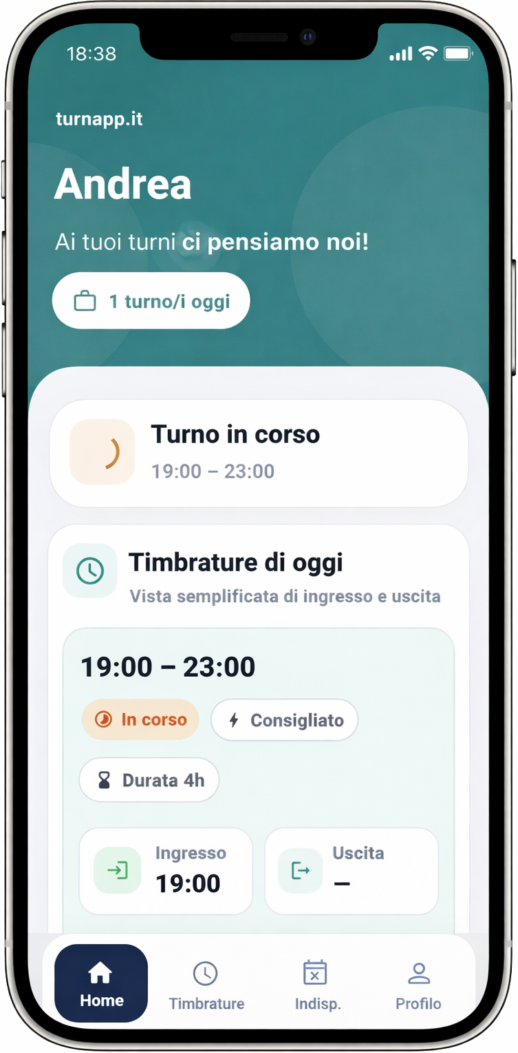 Schermata app Turnapp per timbratura da smartphone