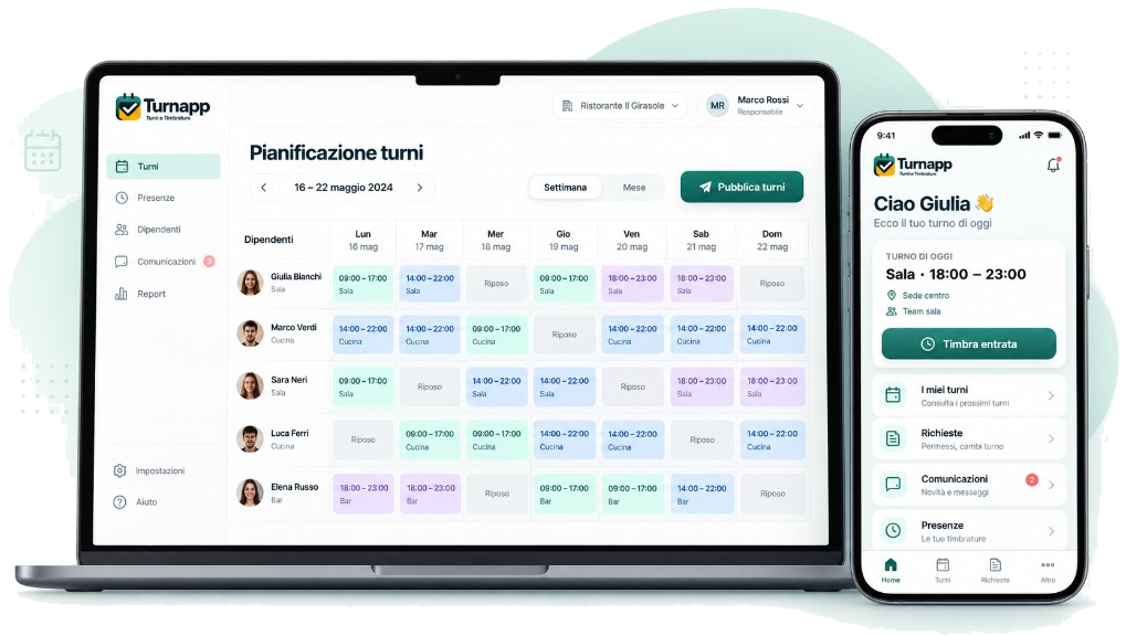 Turnapp su laptop con la pianificazione turni e su iPhone con la Home dipendente Ciao Giulia e il pulsante Timbra entrata.