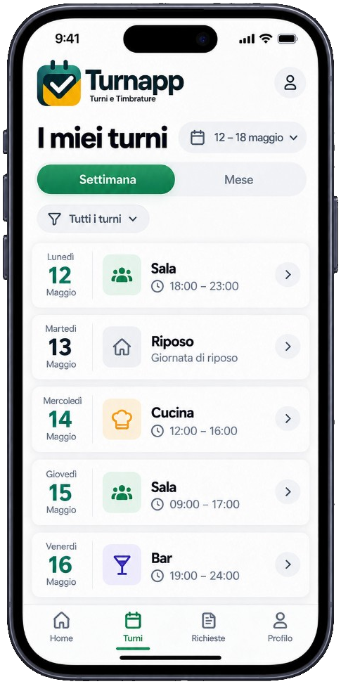 iPhone Turnapp: I miei turni, elenco settimanale con orari e riposi. Schermata dimostrativa.