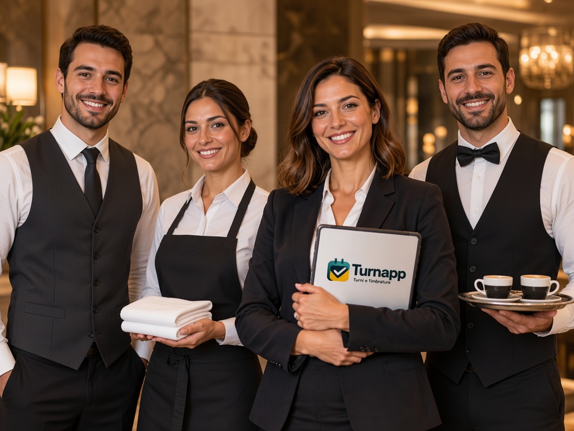 Team di hotel: reception, housekeeping, responsabile con tablet Turnapp e F&B.