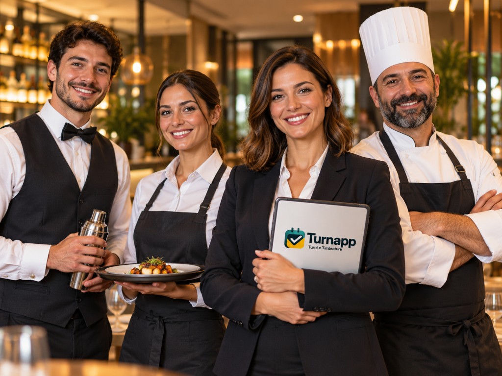 Team di ristorante: cameriere, sala, responsabile con tablet Turnapp e chef.