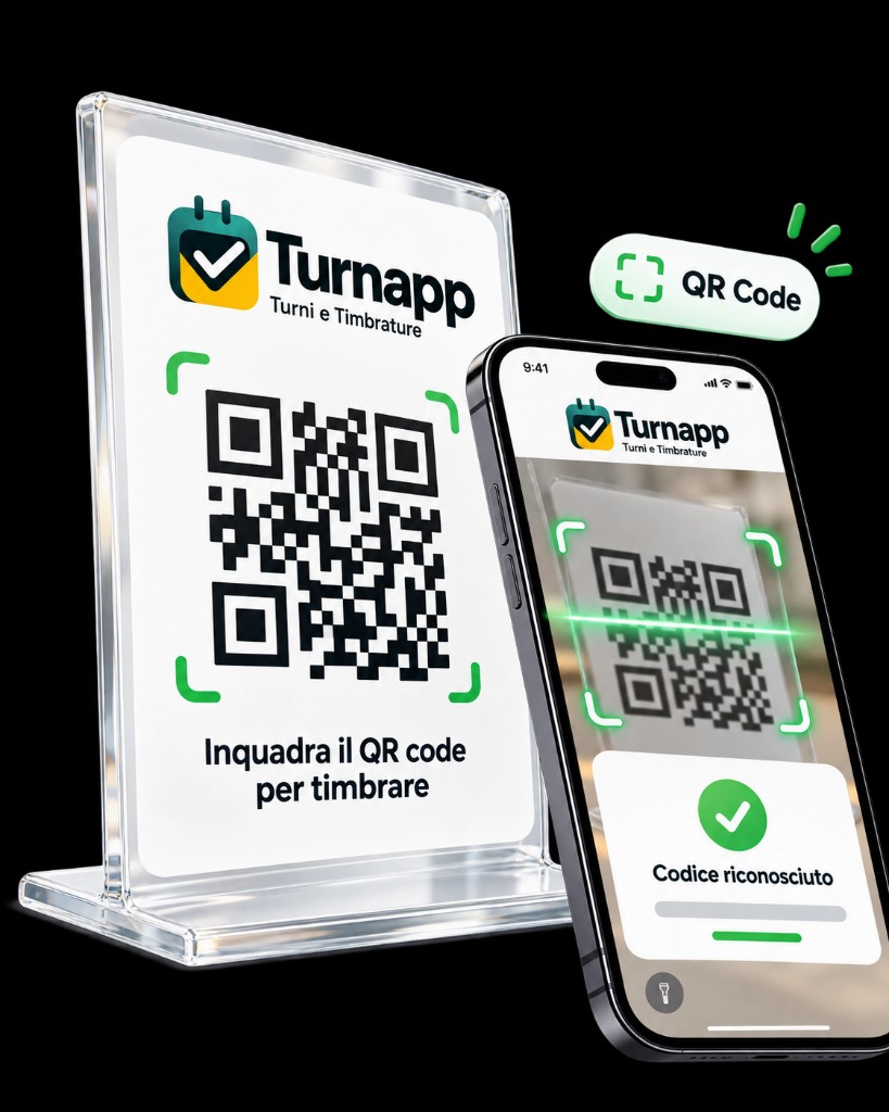 Totem Turnapp con QR code e iPhone che inquadra il codice, messaggio Codice riconosciuto.